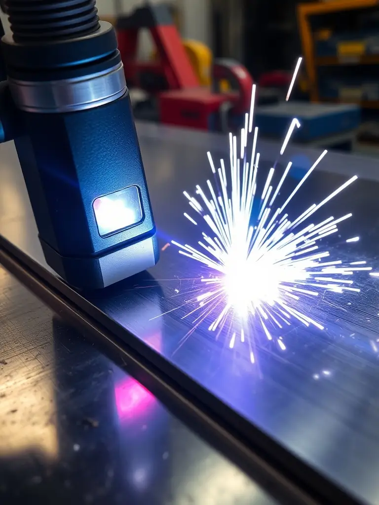 A close-up photo of the LASEX handheld laser device in action, precisely welding two stainless steel sheets in a workshop environment, with sparks and a focused beam visible.