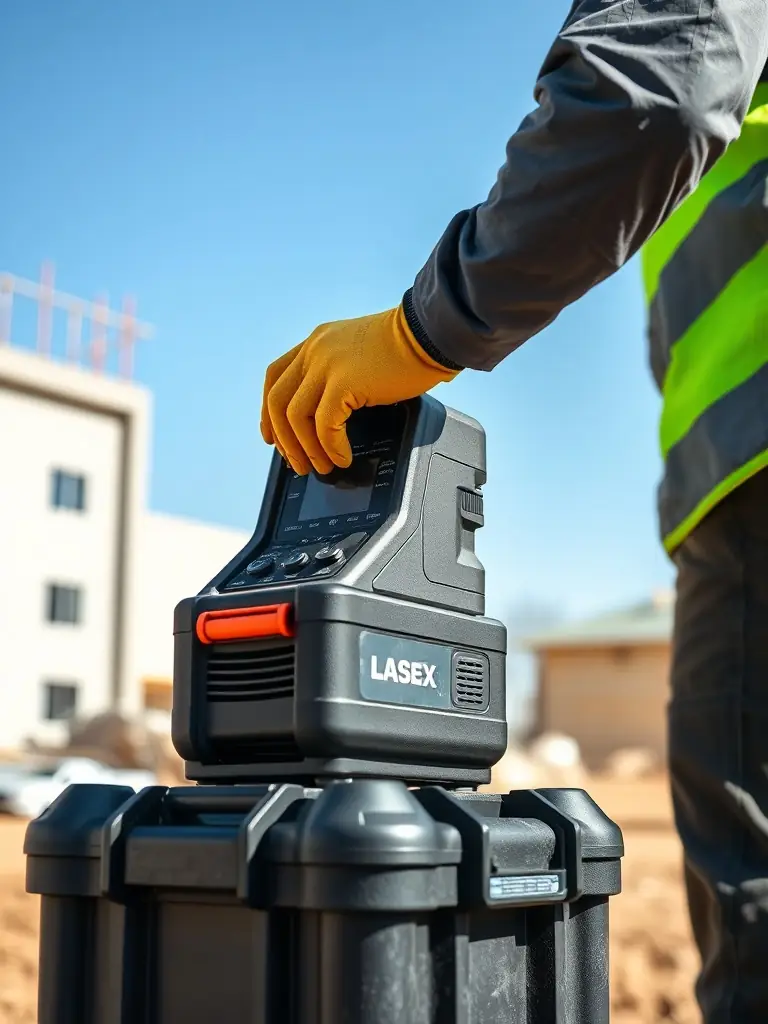 A lifestyle photo of the LASEX device being used outdoors for on-site repair, with the portable unit resting on a toolbox and a technician adjusting ergonomic controls.