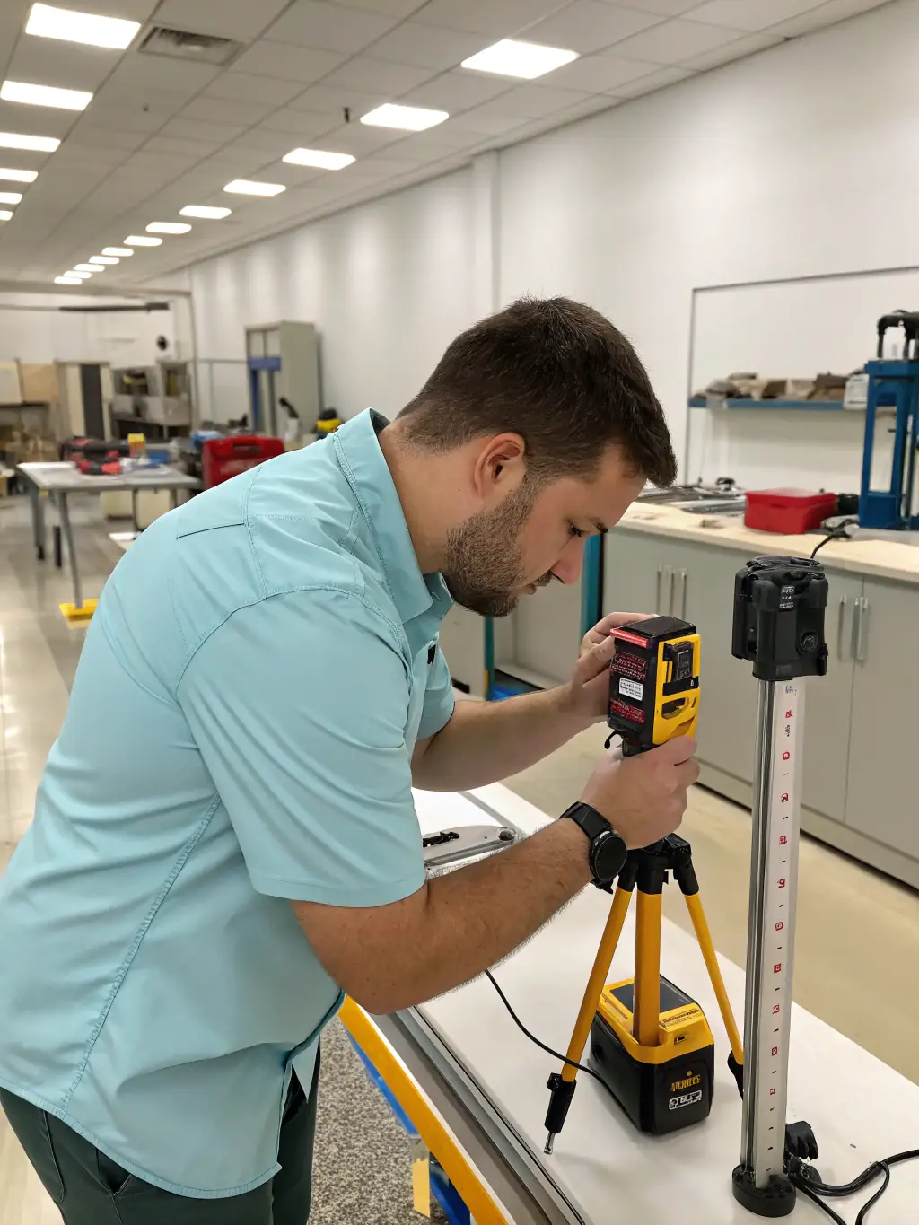 A detailed image of the LASEX device being used outdoors, showing its compact size and ergonomic grip, with a technician performing on-site repairs.