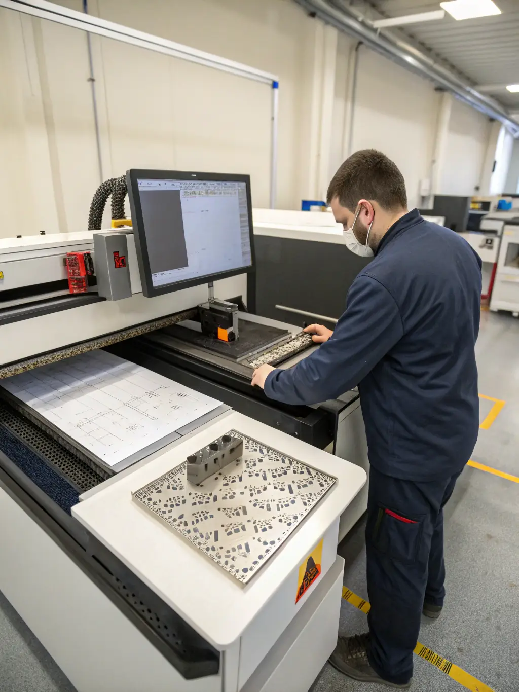 A detailed image of the LASEX device cutting through a thick aluminum plate, showing a smooth, narrow kerf and minimal debris, with the operator wearing safety gloves.