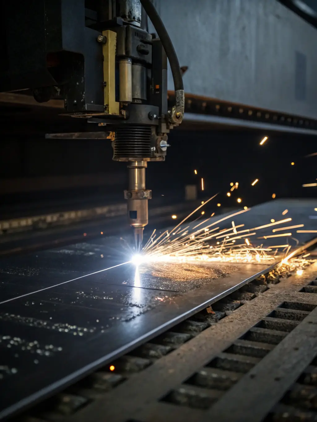 A close-up photo of the LASEX handheld laser device in action, emitting a focused blue-white beam as it welds two stainless steel sheets together on a workbench, with sparks and a clean seam visible.