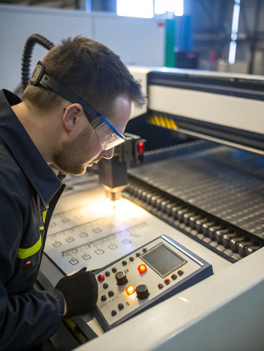 A safety-focused image showing the LASEX device with its safety interlocks engaged, and the operator wearing protective gear in a well-lit workspace.
