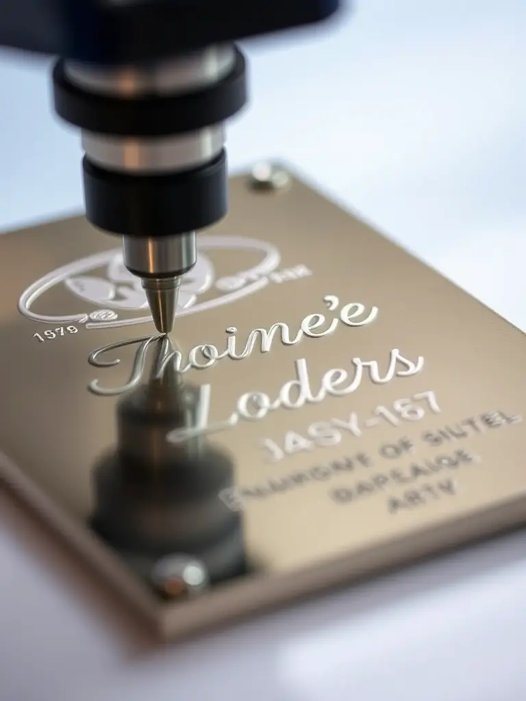 A macro shot of the LASEX laser engraving a custom logo onto an aluminum part, with crisp, detailed lines and a clear user interface display.